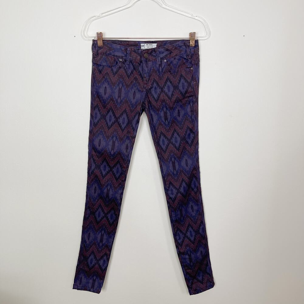 Free People Size 25 Purple Aztec Tribal Printed Skinny Jeans Ikat Print Boho